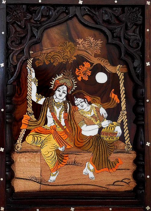 Radha Krishna on a Swing Wood Inlaid Wall Hanging