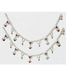 Pair of White Metal Anklet with Multicolor Stone and Bead
