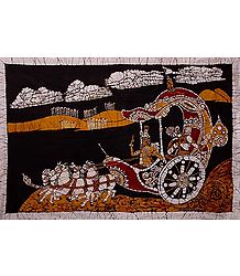 Krishna Arjuna on Chariot During the Battle of Kurukshetra - Batik Painting - Unframed