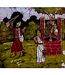 Baul Singer and Two Village Women - Batik Painting on Cloth - Unframed