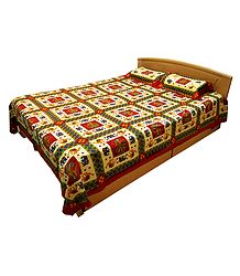 Multicolor Dancer and Animal Print on Light Yellow Cotton Double Bedspread with 2 Pillow Covers
