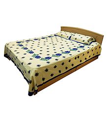 Blue Dot and Floral Print on Light Yellow Cotton Double Bedspread with 2 Pillow Covers
