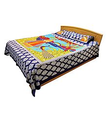 Rajput Princess with Peacock Print on Cotton Double Bedspread with 2 Pillow Covers