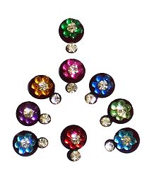 9 Multicolor Round Bindis with White Stone