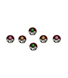 6 Multicolor Round Bindis with White Stone