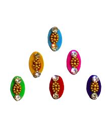 6 Multicolor Oval Shaped Felt Bindis with White Stones