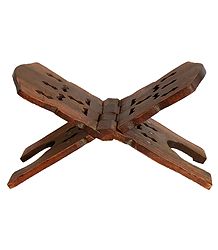 Foldable Carved Wooden Religious Book Holder with Brass Inlay - Used for Reading Holy Books