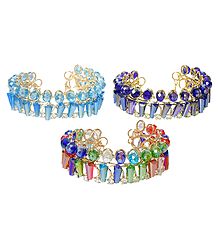 Set of 3 Cyan Blue, Purple and Multicolor Acrylic Crystal Bead Cuff Bracelet