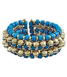 Metal Ghunghroo and Blue Bead Cuff Bracelet
