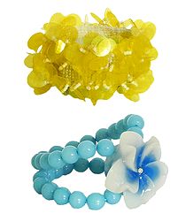 Set of 2 Yellow Sequin and Blue Beaded Stretch Bracelet