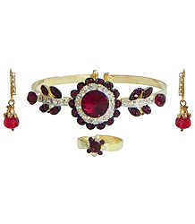 Maroon and White Stone Studded Cuff Bracelet with Earrings and Adjustable Ring