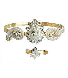 Stone Studded and White Beaded Cuff Bracelet with Paisley Design and Adjustable Ring