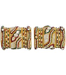 Set of 2 White, Red and Green Stone Studded Golden Yellow Bangles