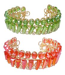 Set of 2 Green and Saffron Acrylic Crystal Bead Cuff Bracelet
