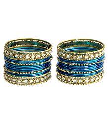 Set of 2 Stone Studded Blue with Golden Bangles