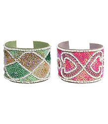 Leather Cuff Bracelet with Pink and Green Sequin with White Beads 