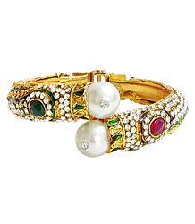 Faux Zirconia, Garnet and Emerald Studded Hinged Bracelet 