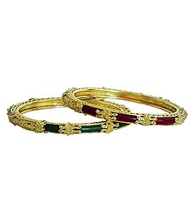 Pair of Gold Plated Red with Green Pola