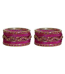 Set of 2 Magenta Stone Studded Metal Bangles