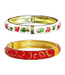 Set of 2 Red and White Meenakari Hinged Metal Bracelet