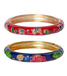 Set of 2 Red and Blue Meenakari Hinged Metal Bracelet