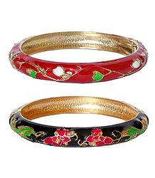 Set of 2 Red and Black Meenakari Hinged Metal Bracelet