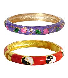 Set of 2 Red and Mauve Meenakari Hinged Metal Bracelet