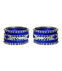 Set of 2 White Stone Studded Royal Blue Metal Bangles