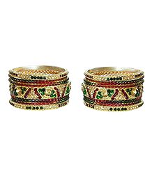 Set of 2 Red, Green and Yellow Stone Studded Metal Bangles