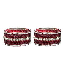 Set of 2 White Stone Studded Maroon Metal Bangles