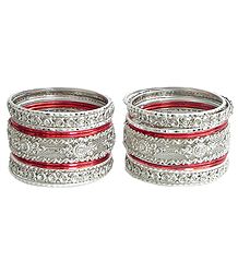 Set of 2 Stone Studded White with Red Bangles