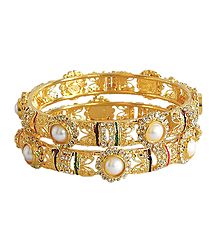 Pair of Faux Pearl and Zirconia Studded and Meenakari Gold Plated Bangles