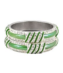 Pair of Light Green Metal Bangles with Stone and Beads