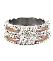 Pair of Light Brown Metal Bangles with Stone and Beads