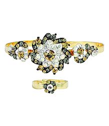 Yellow, Grey and White Stone Studded Cuff Bracelet and Adjustable Ring