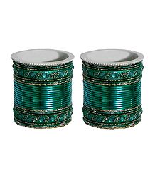 Set of 2 Stone Studded Dark Cyan Metal Bangles