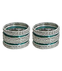 Set of 2 Stone Studded White with Cyan Bangles