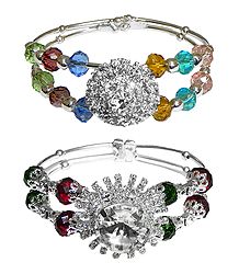 Set of 2 White Stone Studded with Multicolor Bead Cuff Bracelet