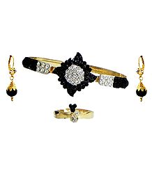 Black and White Stone Studded Cuff Bracelet, Earrings and Adjustable Ring