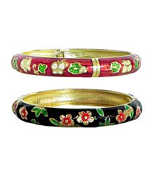 Set of 2 Red and Black Meenakari Hinged Metal Bracelet