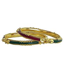 Pair of Gold Plated Red with Green Pola