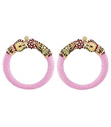 Set of 2 Pink Bead Cuff Bangles with Gold Plated Elephant Head