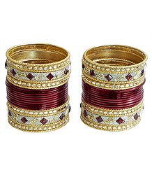 Set of 2 Stone Studded Dark Red with Golden Bangles