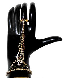 White, Red and Green Stone Studded Ring Braclet For One Hand