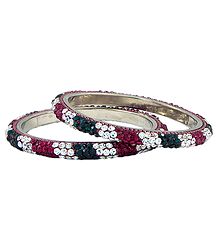 Pair of Red and Green  and White Stone Studded Metal Bangles