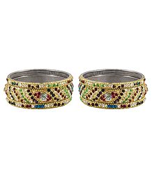 Set of 2 Multicolor Stone Studded Golden Bangles
