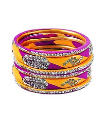 White Stone Studded Magenta with Yellow Lac Bangles