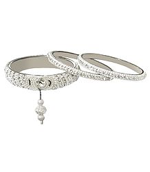 Small White Bead and Stone Studded Metal Bangle
