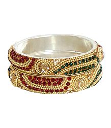 Pair of Red, Green and Peach Stone Studded Bangles