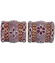 Set of 2 Red and White Stone Studded Bangles with Yellow Churis
